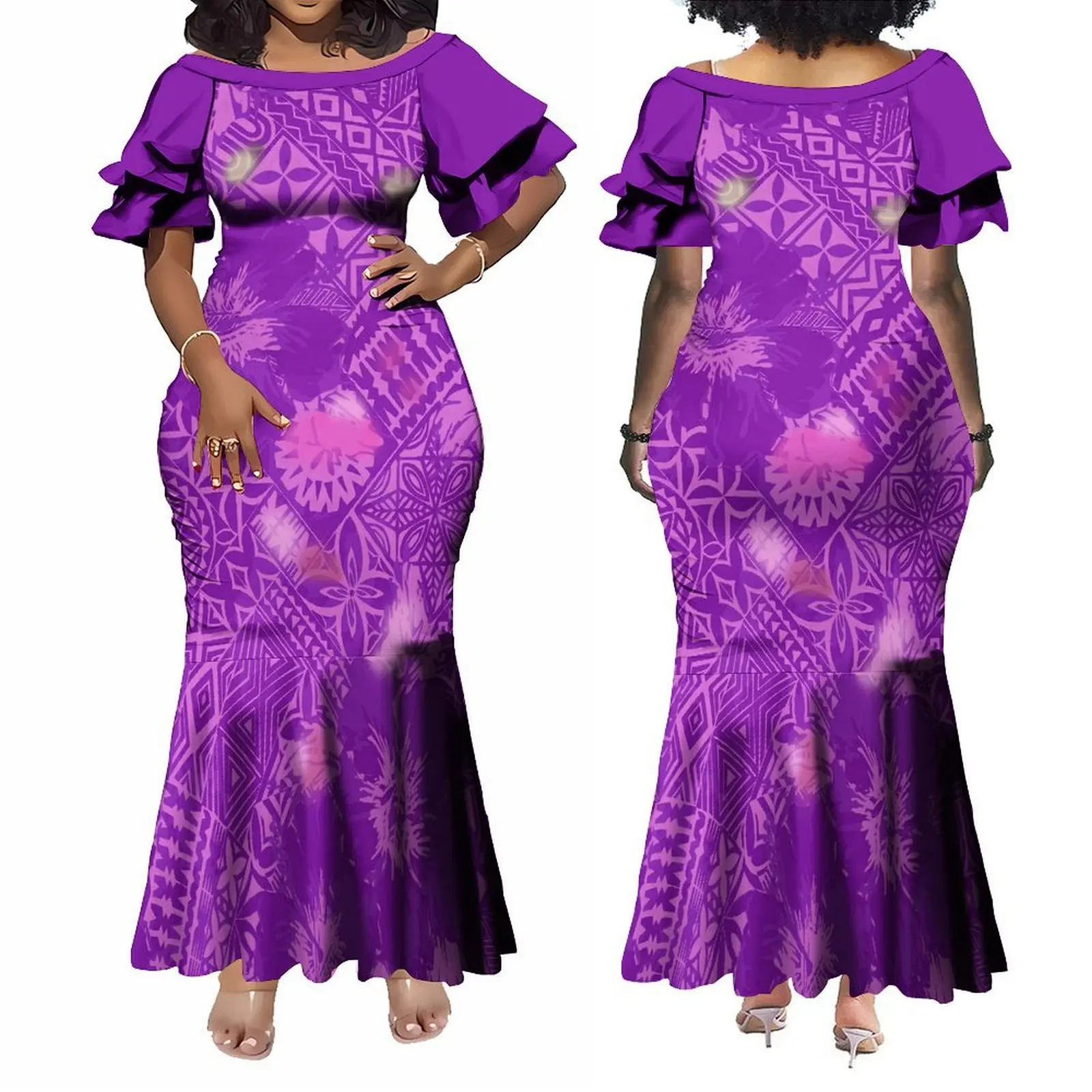 Wholesale Customized Double Layered Ruffle Sleeve Ladies Long Fishtail Mermaid Dress Polynesian Dress Plus Size Womens Clothing