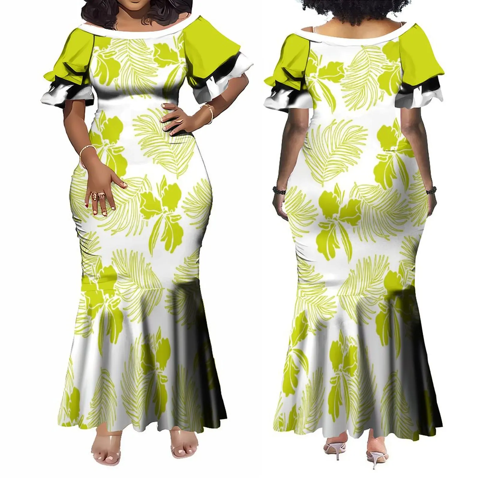 Wholesale Customized Double Layered Ruffle Sleeve Ladies Long Fishtail Mermaid Dress Polynesian Dress Plus Size Womens Clothing