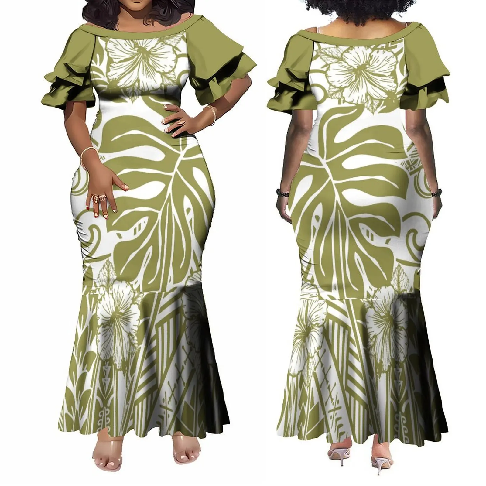 Wholesale Customized Double Layered Ruffle Sleeve Ladies Long Fishtail Mermaid Dress Polynesian Dress Plus Size Womens Clothing