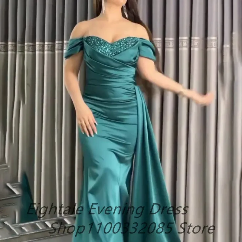Customized Green Mermaid Evening Dresses Pearls Beaded Sweetheart Neck Off Shoulder Slit Party Gown Fitted Arabic Prom Dress