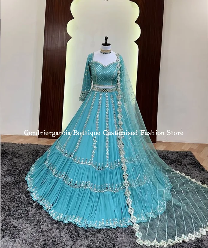 Sky Blue Indian Saree Evening Gowns Exquisite V-neck Long Sleeve Appliqued Long Dresses Two Sets Customised Wedding Dresses