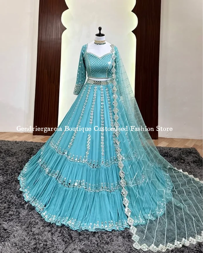 Sky Blue Indian Saree Evening Gowns Exquisite V-neck Long Sleeve Appliqued Long Dresses Two Sets Customised Wedding Dresses Sky Blue Indian Saree Evening Gowns Exquisite V-neck Long Sleeve Appliqued Long Dresses Two Sets Customised Wedding Dresses