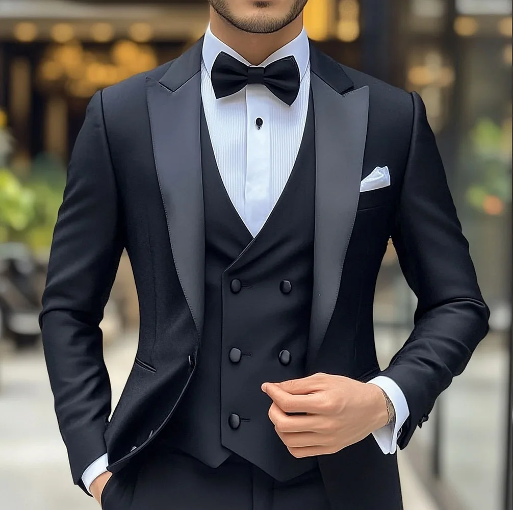 Groom Wedding Tuxedo 3-piece Suit Men's Black Suit Jacket Pants Vest Formal Peak Lapel Blazer Slim Fit Outfit