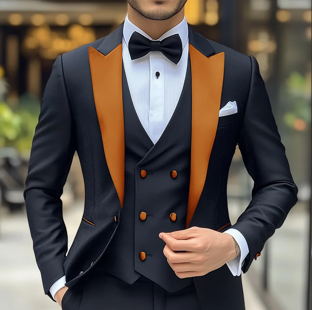 Groom Wedding Tuxedo 3-piece Suit Men's Black Suit Jacket Pants Vest Formal Peak Lapel Blazer Slim Fit Outfit