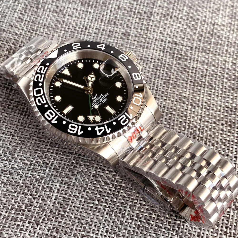 NH34A 20ATM Waterproof 40mm Black Dial NH34 GMT Automatic Movement Swim Diving Watch Men Polished Steel Bracelet 120 Click Bezel