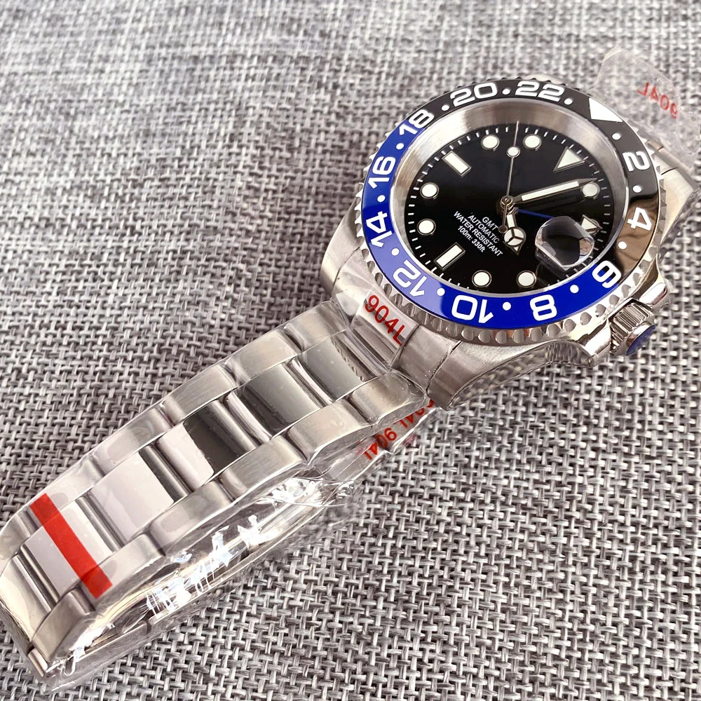 NH34A 20ATM Waterproof 40mm Black Dial NH34 GMT Automatic Movement Swim Diving Watch Men Polished Steel Bracelet 120 Click Bezel