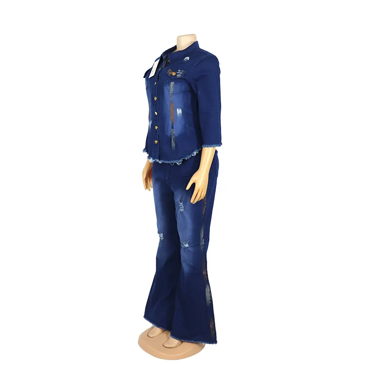 Two Piece Set Women Cowboy Suit Jean Jacket Single Breasted Turndown Collar Hole Flare Pants Female Outfits Casual Ensemble