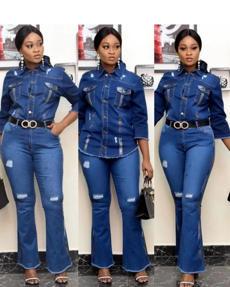 Two Piece Set Women Cowboy Suit Jean Jacket Single Breasted Turndown Collar Hole Flare Pants Female Outfits Casual Ensemble