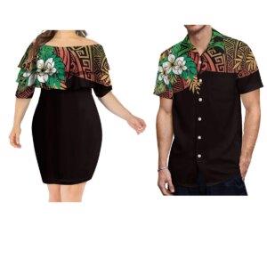 Samoa Women'S Club Dress Summer Polynesian Custom Couple Set Women'S Slim-Fit Lotus Leaf Dress Men'S Loose Fashion Shirt