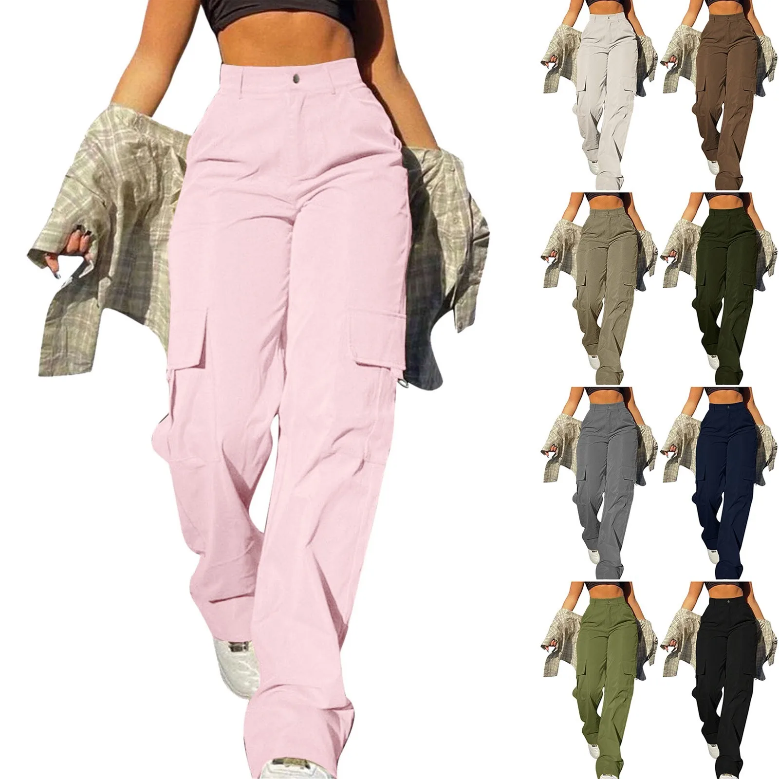 Women's Loose Cargo Pants High Waist Wide Leg Solid Color Full Length Trousers with Pockets Casual All Seasons Long Pants Women's Loose Cargo Pants High Waist Wide Leg Solid Color Full Length Trousers with Pockets Casual All Seasons Long Pants