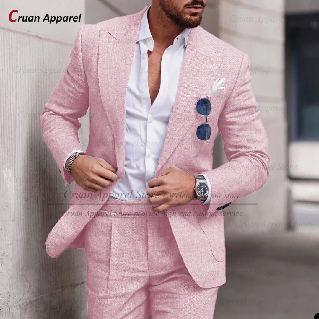 Formal Men Linen Suit Sets Beach Wedding Groomsman Tailor-made Slim Fit Blazer Pants 2 Pieces Evening Dinner Classic Outfits