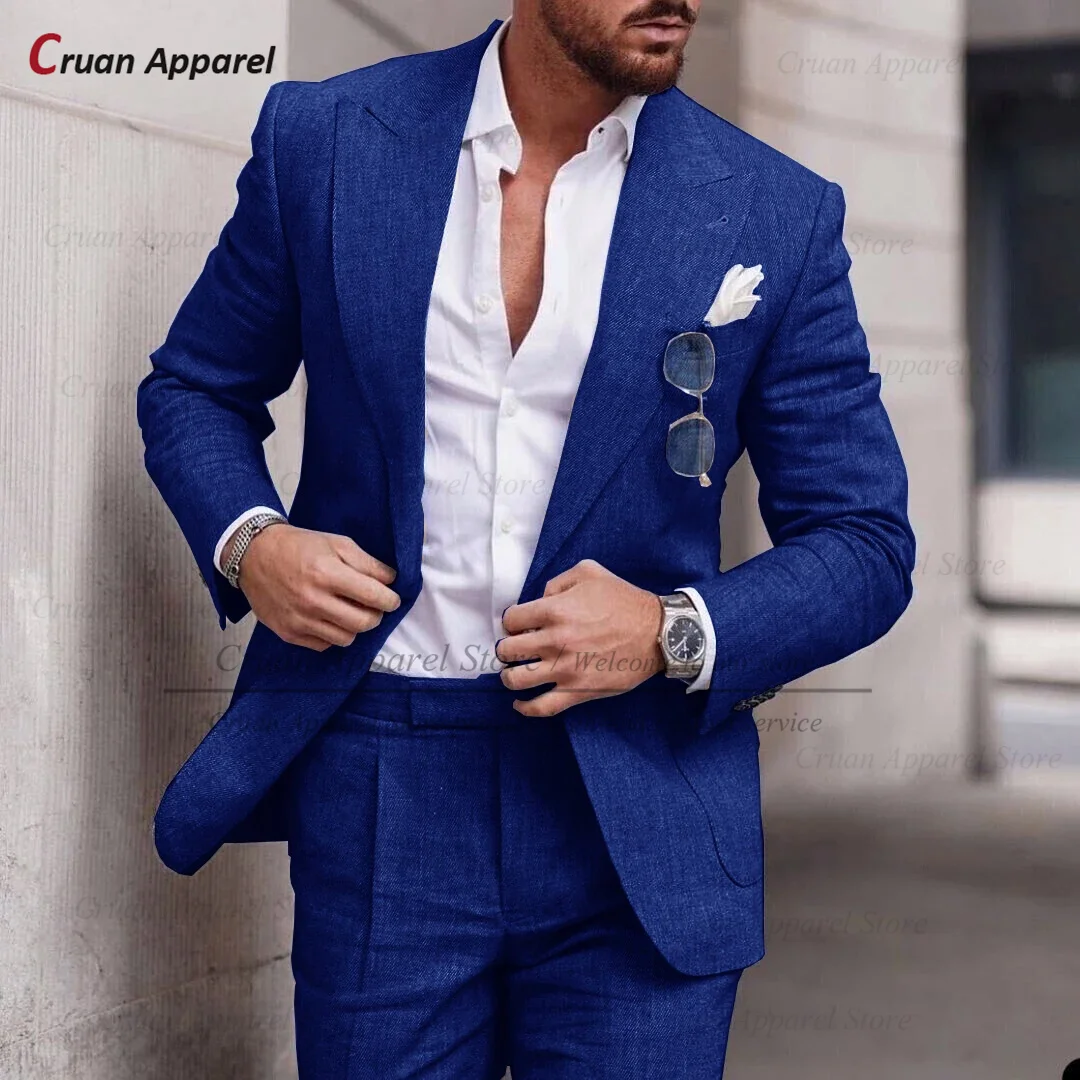 Formal Men Linen Suit Sets Beach Wedding Groomsman Tailor-made Slim Fit Blazer Pants 2 Pieces Evening Dinner Classic Outfits