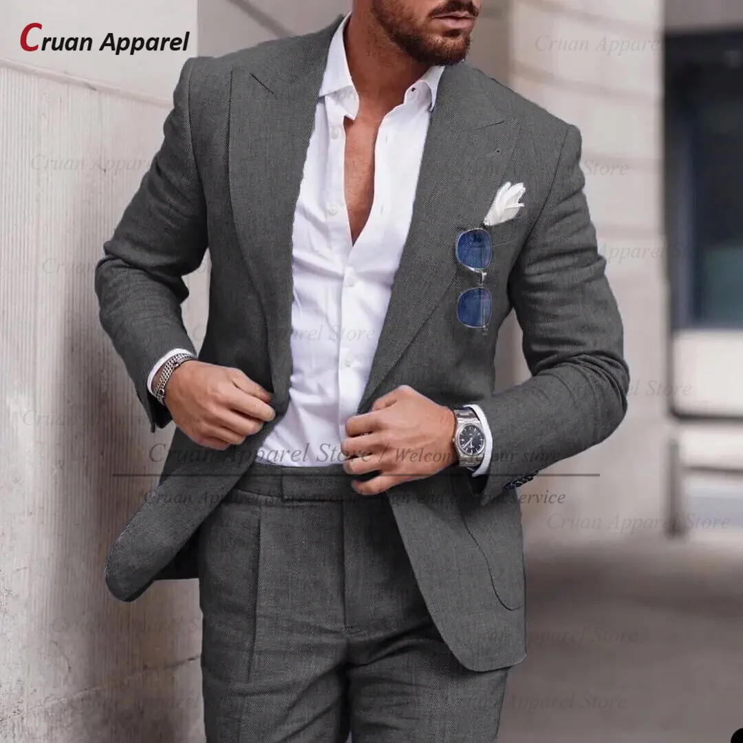 Formal Men Linen Suit Sets Beach Wedding Groomsman Tailor-made Slim Fit Blazer Pants 2 Pieces Evening Dinner Classic Outfits