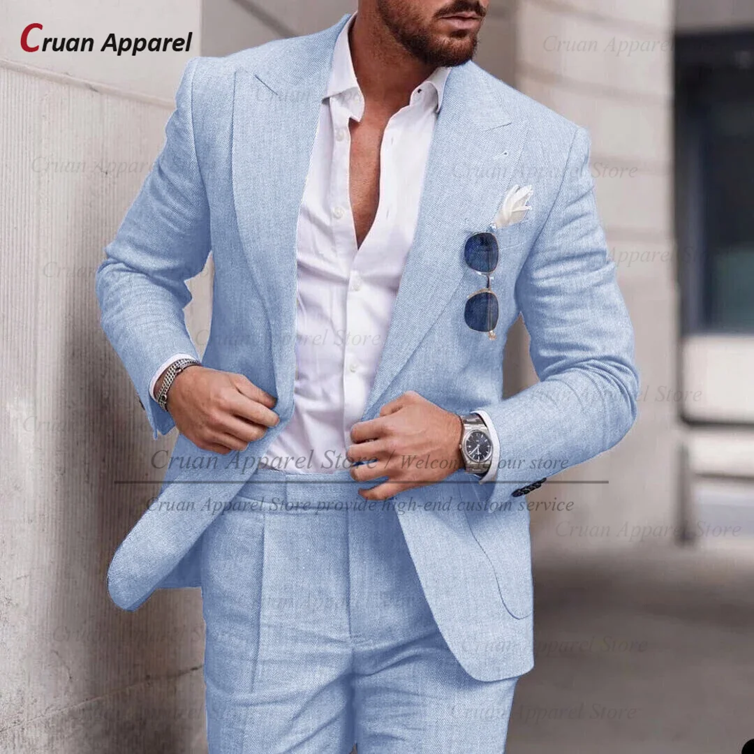 Formal Men Linen Suit Sets Beach Wedding Groomsman Tailor-made Slim Fit Blazer Pants 2 Pieces Evening Dinner Classic Outfits