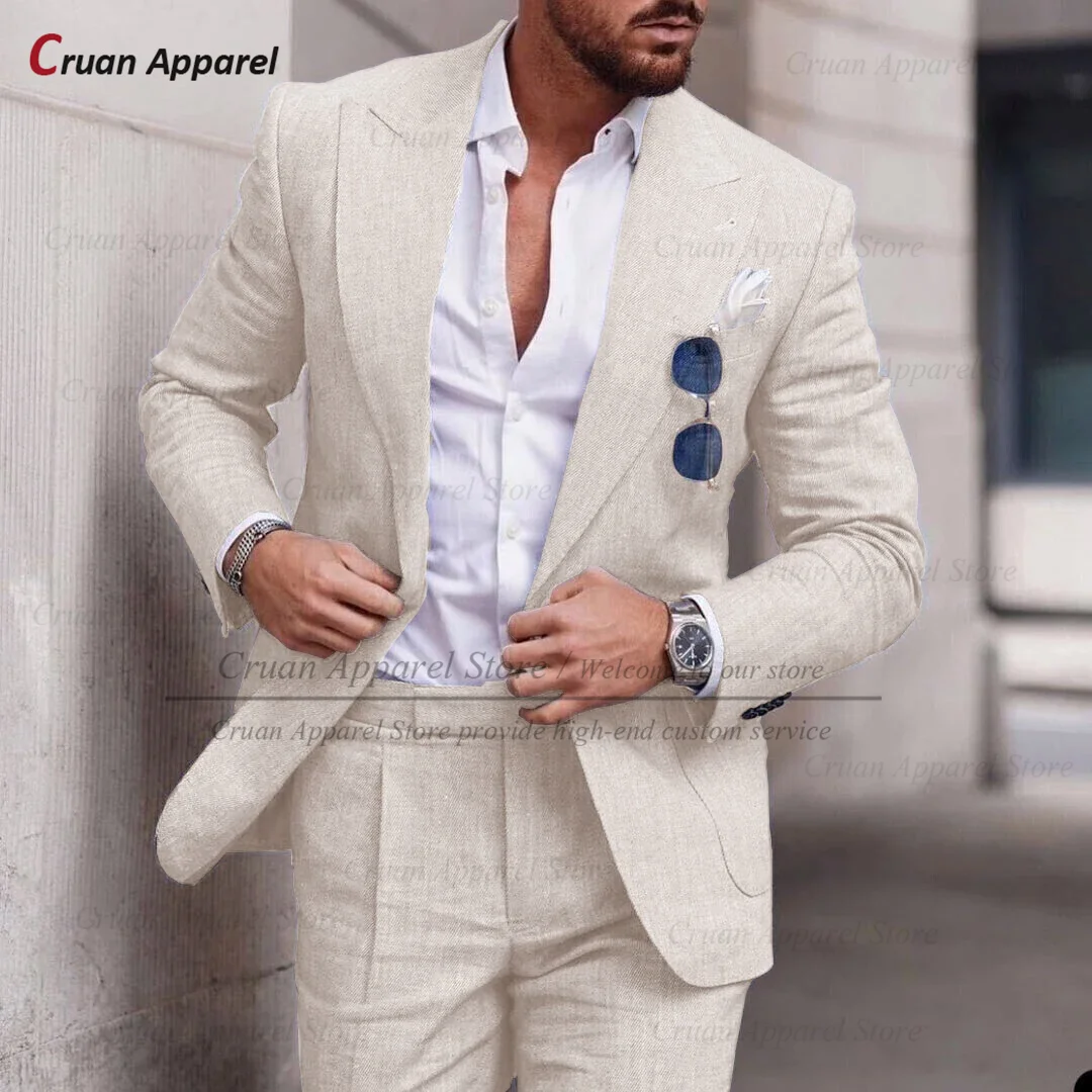 Formal Men Linen Suit Sets Beach Wedding Groomsman Tailor-made Slim Fit Blazer Pants 2 Pieces Evening Dinner Classic Outfits