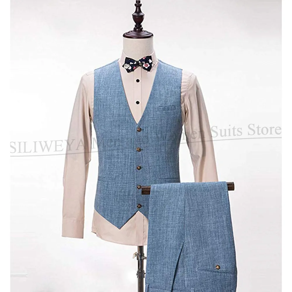 Blue Linen Suits for Men 3 Piece Chic Peak Lapel Formal Wedding Prom Tuxedo Slim Fit Fashion Single Breasted Costume Homme