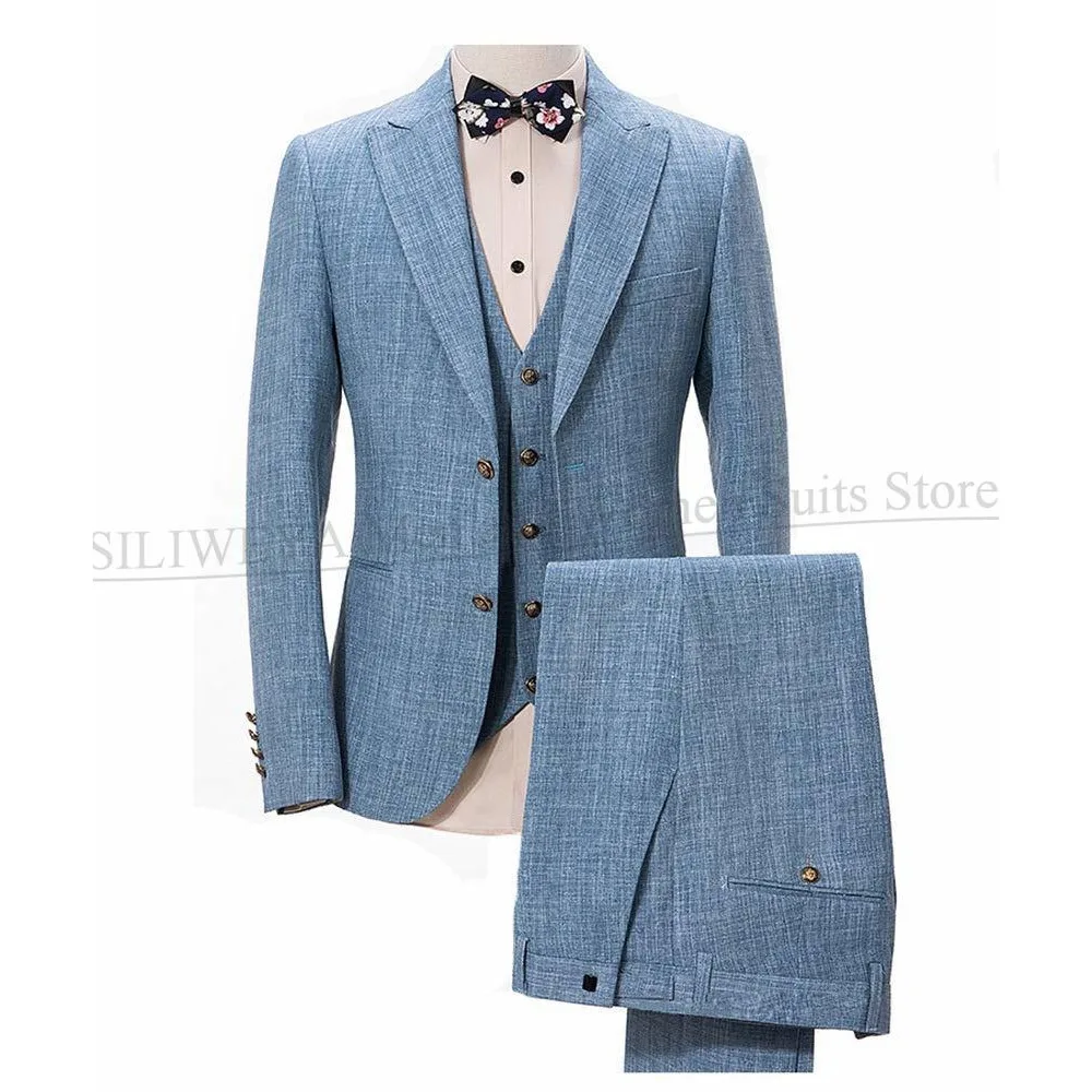 Blue Linen Suits for Men 3 Piece Chic Peak Lapel Formal Wedding Prom Tuxedo Slim Fit Fashion Single Breasted Costume Homme