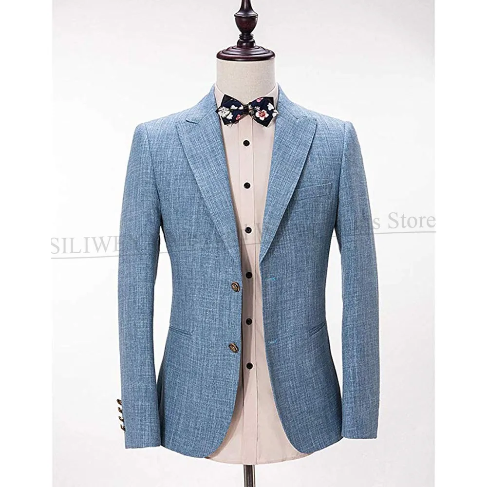 Blue Linen Suits for Men 3 Piece Chic Peak Lapel Formal Wedding Prom Tuxedo Slim Fit Fashion Single Breasted Costume Homme Blue Linen Suits for Men 3 Piece Chic Peak Lapel Formal Wedding Prom Tuxedo Slim Fit Fashion Single Breasted Costume Homme