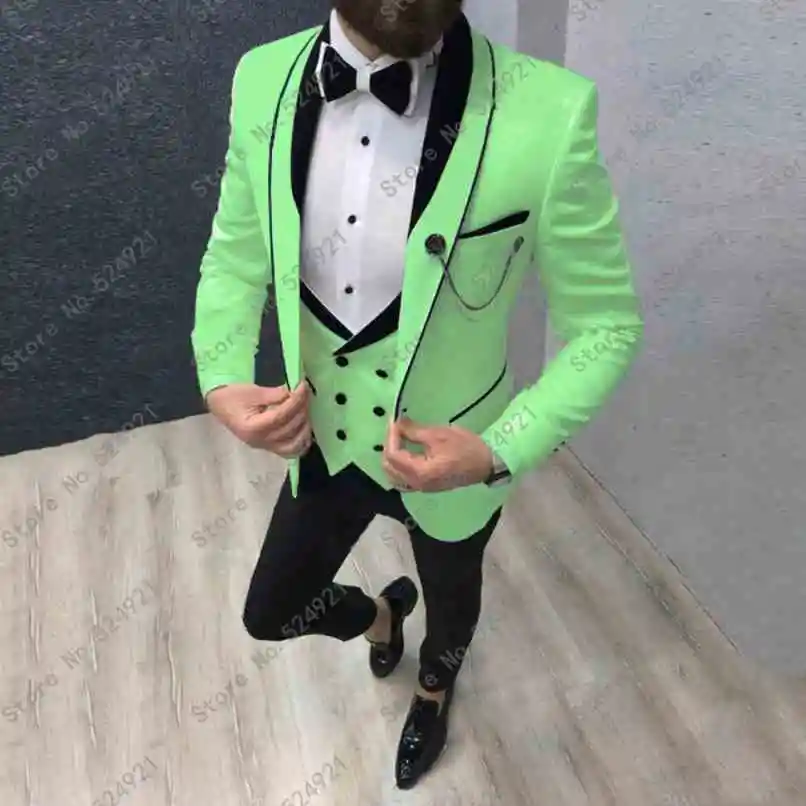 Custom Made Groomsmen Shawl Lapel Groom Tuxedos Lime Green+Black Men Suits Wedding Best Man ( Jacket+Pants+Bow Tie+Vest ) C642