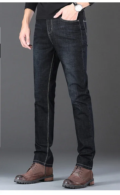 2025 New Stretch Jeans Men's Regular Classic Business Slim Trousers Black Blue Straight Male Brand Clothing Pants Size 28-40
