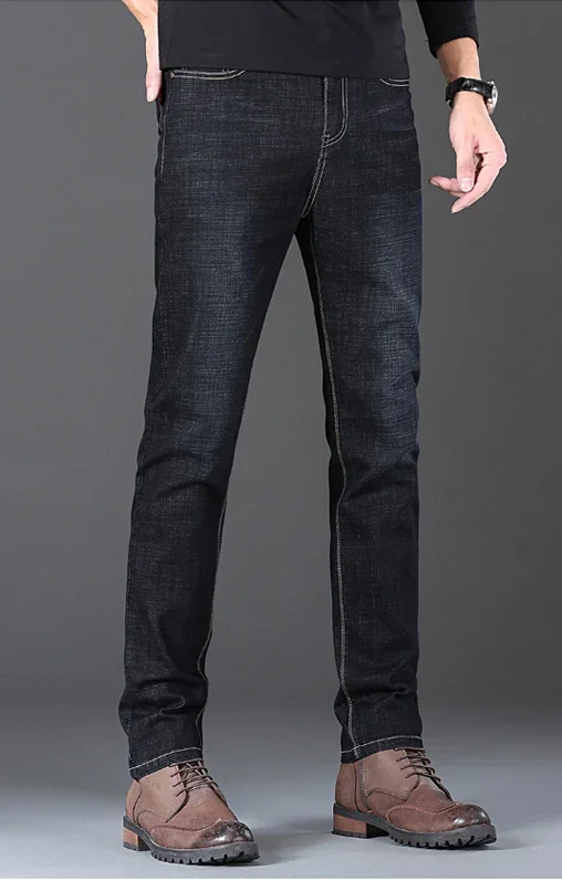 2025 New Stretch Jeans Men's Regular Classic Business Slim Trousers Black Blue Straight Male Brand Clothing Pants Size 28-40