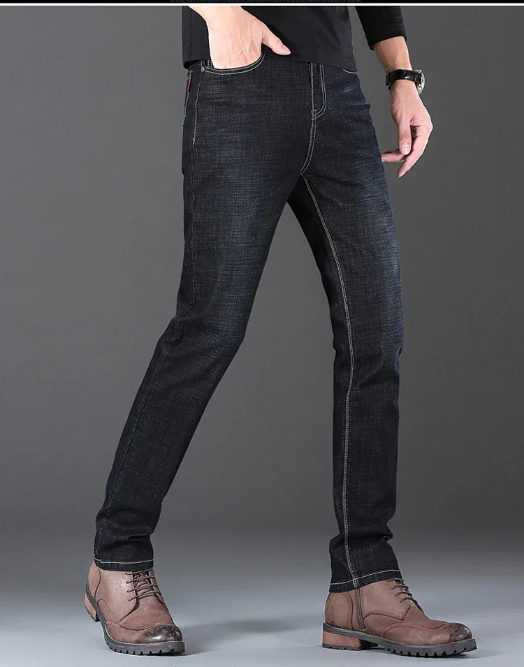 2025 New Stretch Jeans Men's Regular Classic Business Slim Trousers Black Blue Straight Male Brand Clothing Pants Size 28-40