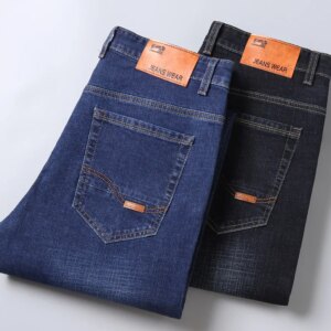 2025 New Stretch Jeans Men's Regular Classic Business Slim Trousers Black Blue Straight Male Brand Clothing Pants Size 28-40