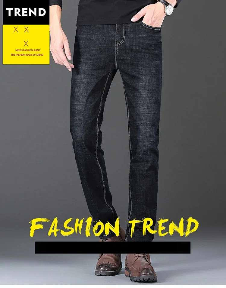 2025 New Stretch Jeans Men's Regular Classic Business Slim Trousers Black Blue Straight Male Brand Clothing Pants Size 28-40