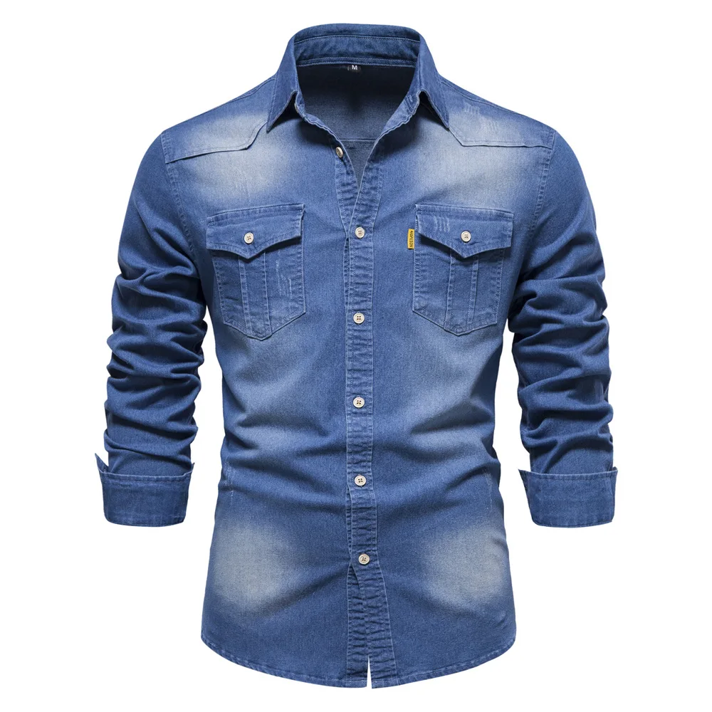 Elastic Cotton Denim Shirt High Quality Men Long Sleeve Solid Color Pocket Shirts for Men Casual Slim Fit Mens Designer Clothing