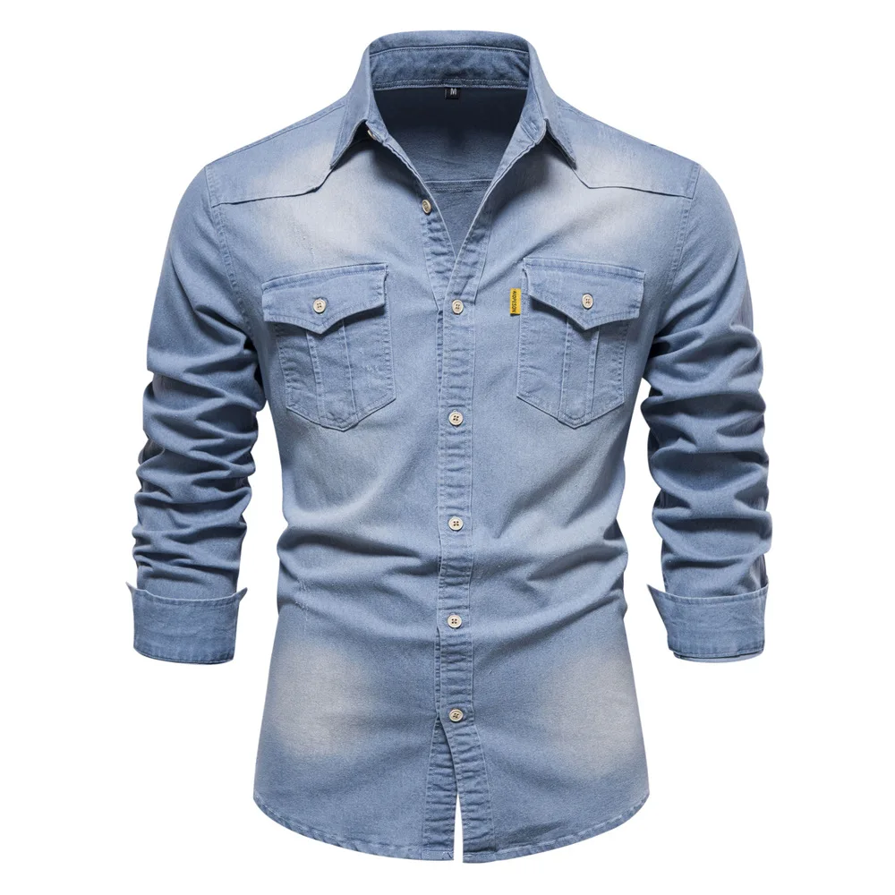 Elastic Cotton Denim Shirt High Quality Men Long Sleeve Solid Color Pocket Shirts for Men Casual Slim Fit Mens Designer Clothing