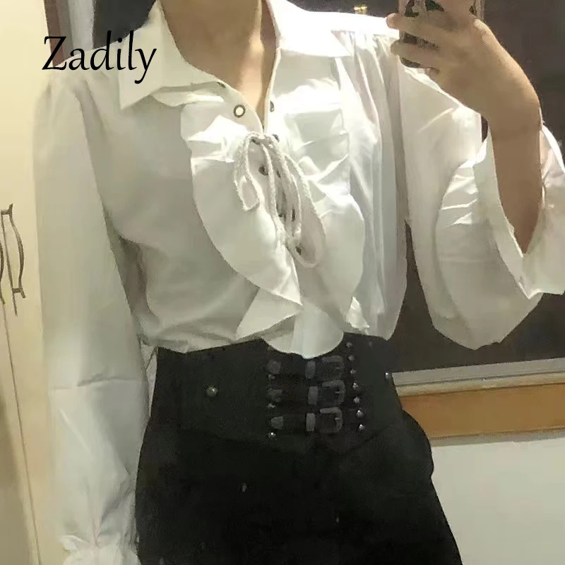 Victorian Style Women's Gothic Blouse Vintage Renaissance Pirate Prince Poet Shirt with Frills Lace-Up Medieval Buccaneer Top