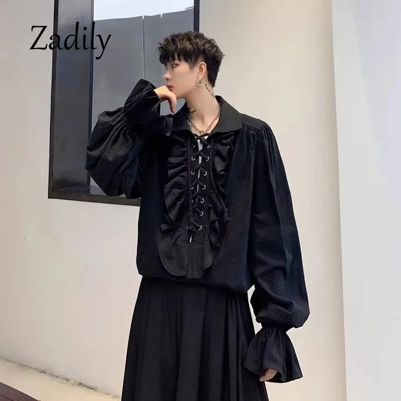 Victorian Style Women's Gothic Blouse Vintage Renaissance Pirate Prince Poet Shirt with Frills Lace-Up Medieval Buccaneer Top