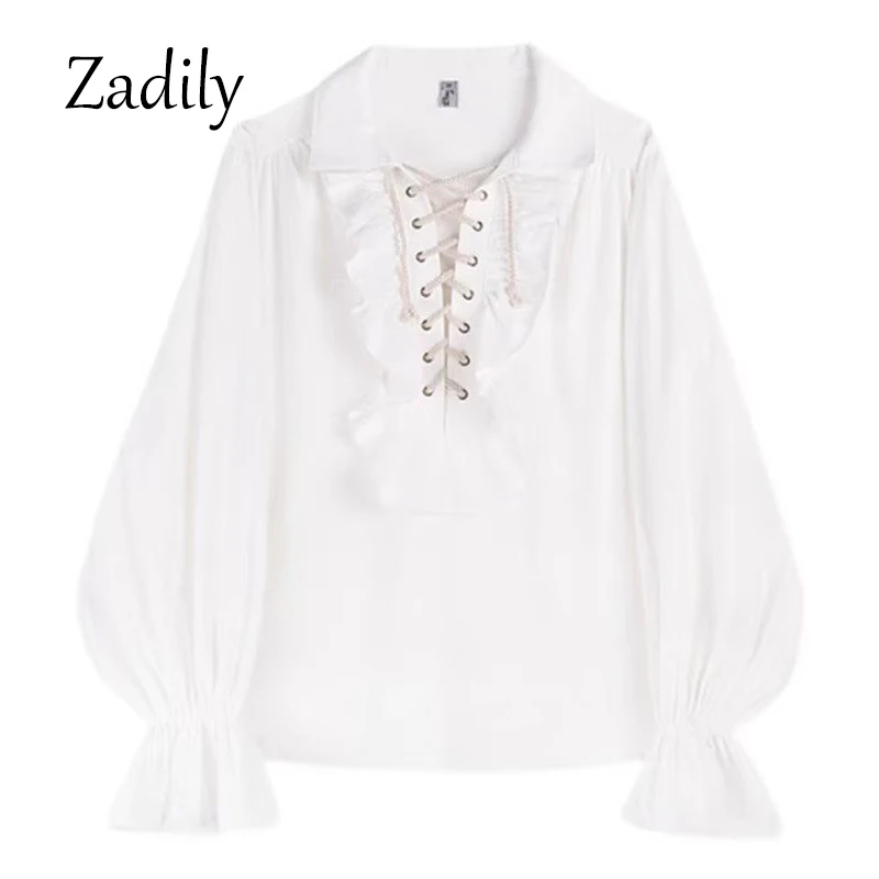 Victorian Style Women's Gothic Blouse Vintage Renaissance Pirate Prince Poet Shirt with Frills Lace-Up Medieval Buccaneer Top