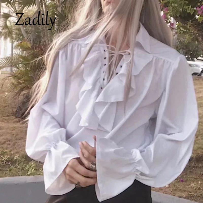 Victorian Style Women's Gothic Blouse Vintage Renaissance Pirate Prince Poet Shirt with Frills Lace-Up Medieval Buccaneer Top