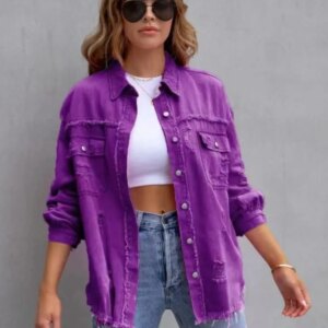 Autumn Winter Women's New Denim Jacket Fashion Grinding Edge Broken Hole Hollow Long Sleeve Single Breasted Casual Collar Top
