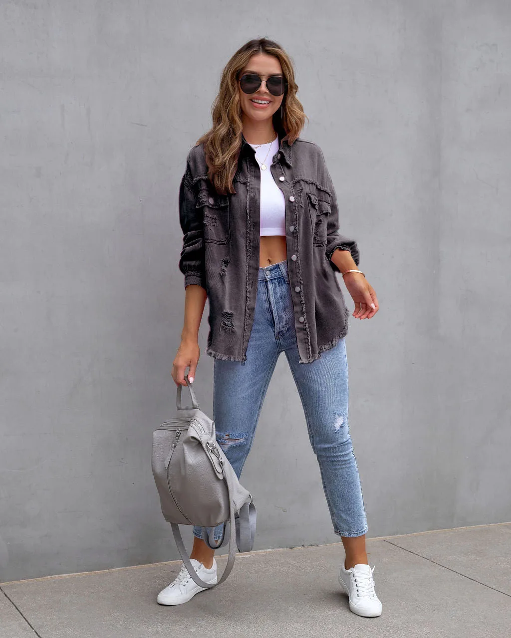 Autumn Winter Women's New Denim Jacket Fashion Grinding Edge Broken Hole Hollow Long Sleeve Single Breasted Casual Collar Top