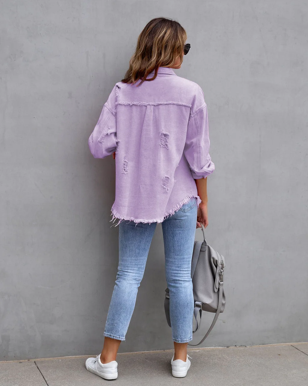 Autumn Winter Women's New Denim Jacket Fashion Grinding Edge Broken Hole Hollow Long Sleeve Single Breasted Casual Collar Top