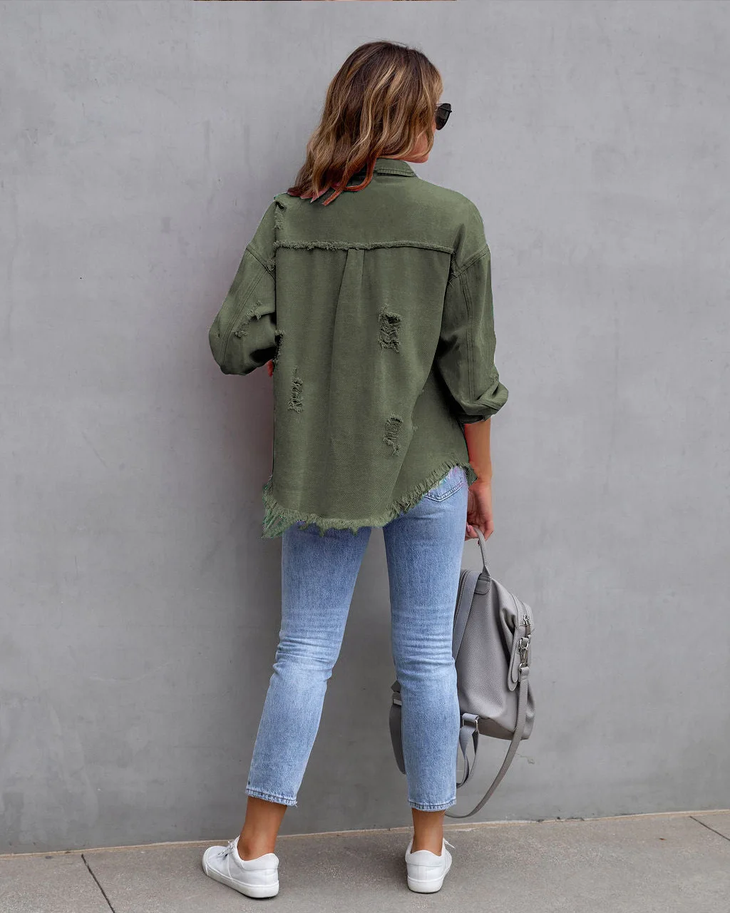 Autumn Winter Women's New Denim Jacket Fashion Grinding Edge Broken Hole Hollow Long Sleeve Single Breasted Casual Collar Top