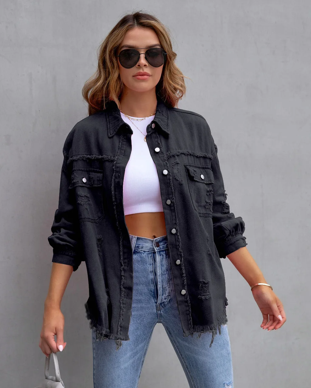 Autumn Winter Women's New Denim Jacket Fashion Grinding Edge Broken Hole Hollow Long Sleeve Single Breasted Casual Collar Top