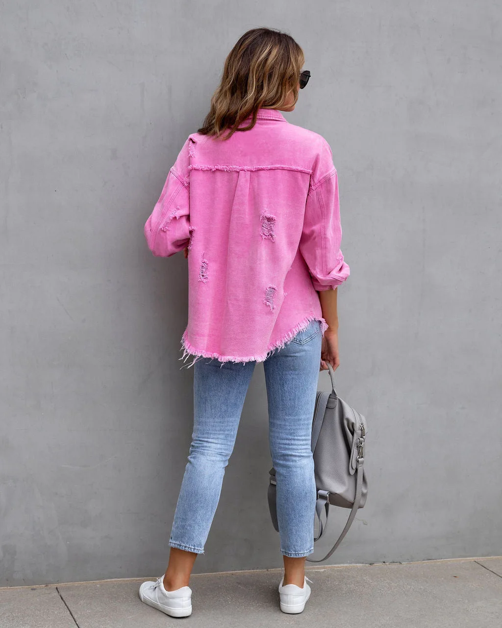 Autumn Winter Women's New Denim Jacket Fashion Grinding Edge Broken Hole Hollow Long Sleeve Single Breasted Casual Collar Top