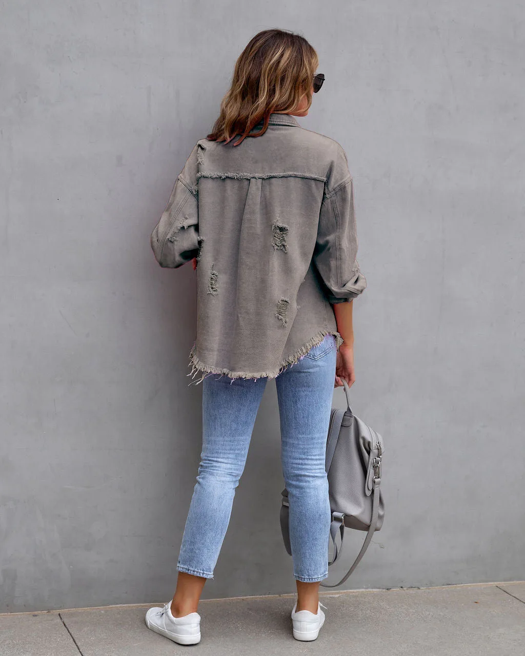 Autumn Winter Women's New Denim Jacket Fashion Grinding Edge Broken Hole Hollow Long Sleeve Single Breasted Casual Collar Top