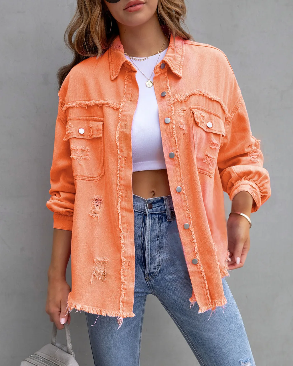 Autumn Winter Women's New Denim Jacket Fashion Grinding Edge Broken Hole Hollow Long Sleeve Single Breasted Casual Collar Top