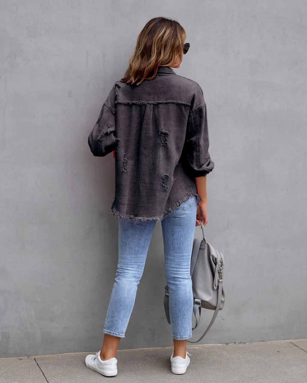 Autumn Winter Women's New Denim Jacket Fashion Grinding Edge Broken Hole Hollow Long Sleeve Single Breasted Casual Collar Top