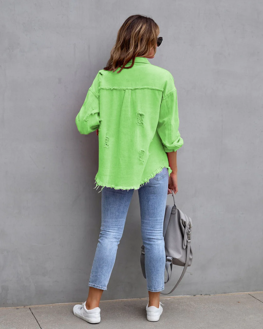 Autumn Winter Women's New Denim Jacket Fashion Grinding Edge Broken Hole Hollow Long Sleeve Single Breasted Casual Collar Top