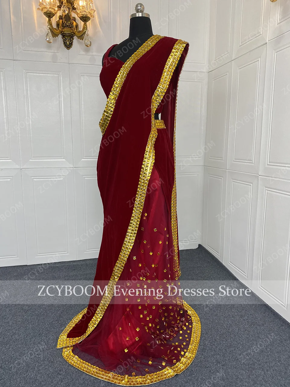 Customized Burgundy Mermaid Velour Saree Evening Dresses 2025 Long Prom Gowns V-Neck Indian Women Party Dress Robe De Soirée