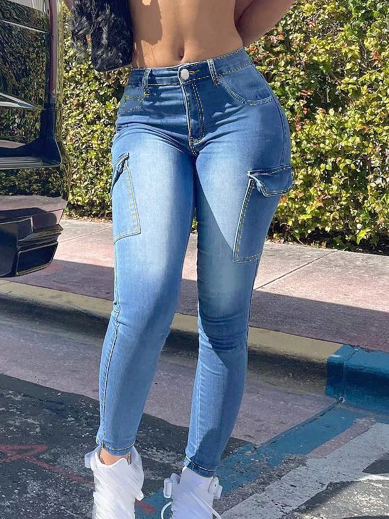 Large size blue multi-pocket washed street style tight high waist jeans casual going out four seasons large size jeans