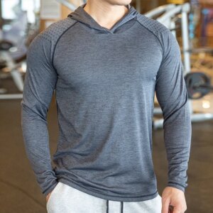 Autumn Gym Men T Shirt Casual Long Sleeve Slim Tops Tees elastic T-shirt Sports Fitness breathable Quick dry Hooded T Shirt