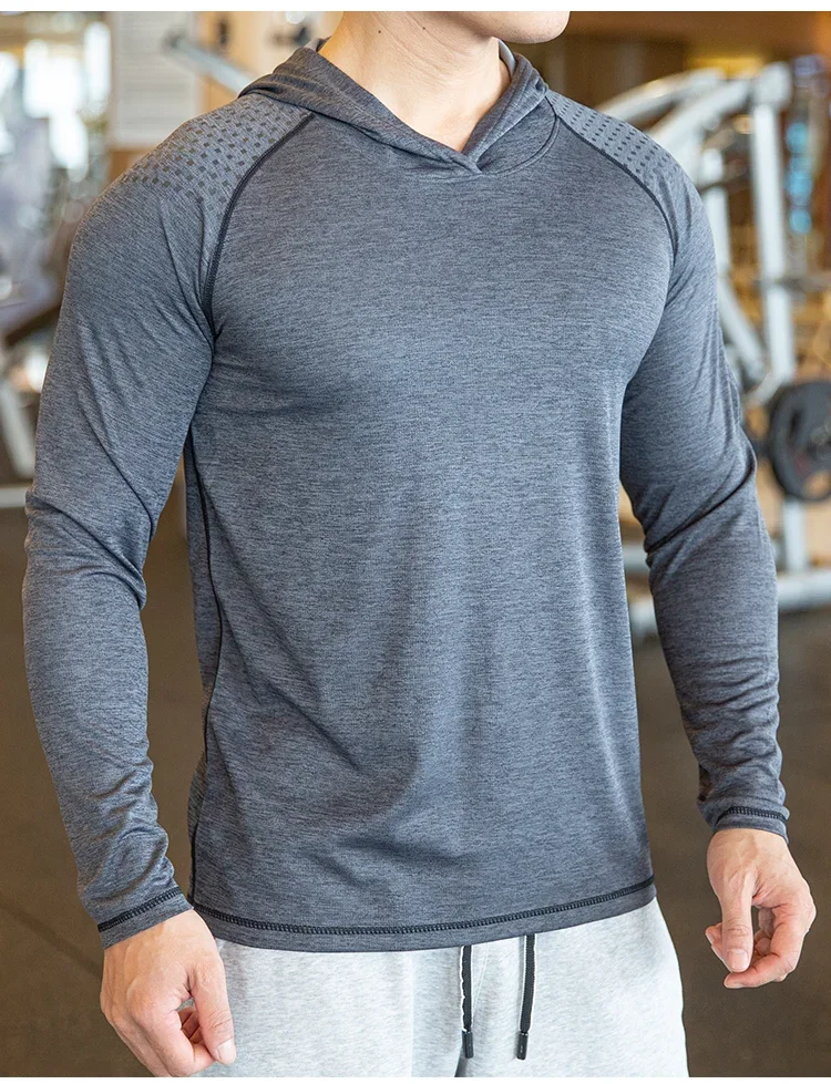Autumn Gym Men T Shirt Casual Long Sleeve Slim Tops Tees elastic T-shirt Sports Fitness breathable Quick dry Hooded T Shirt