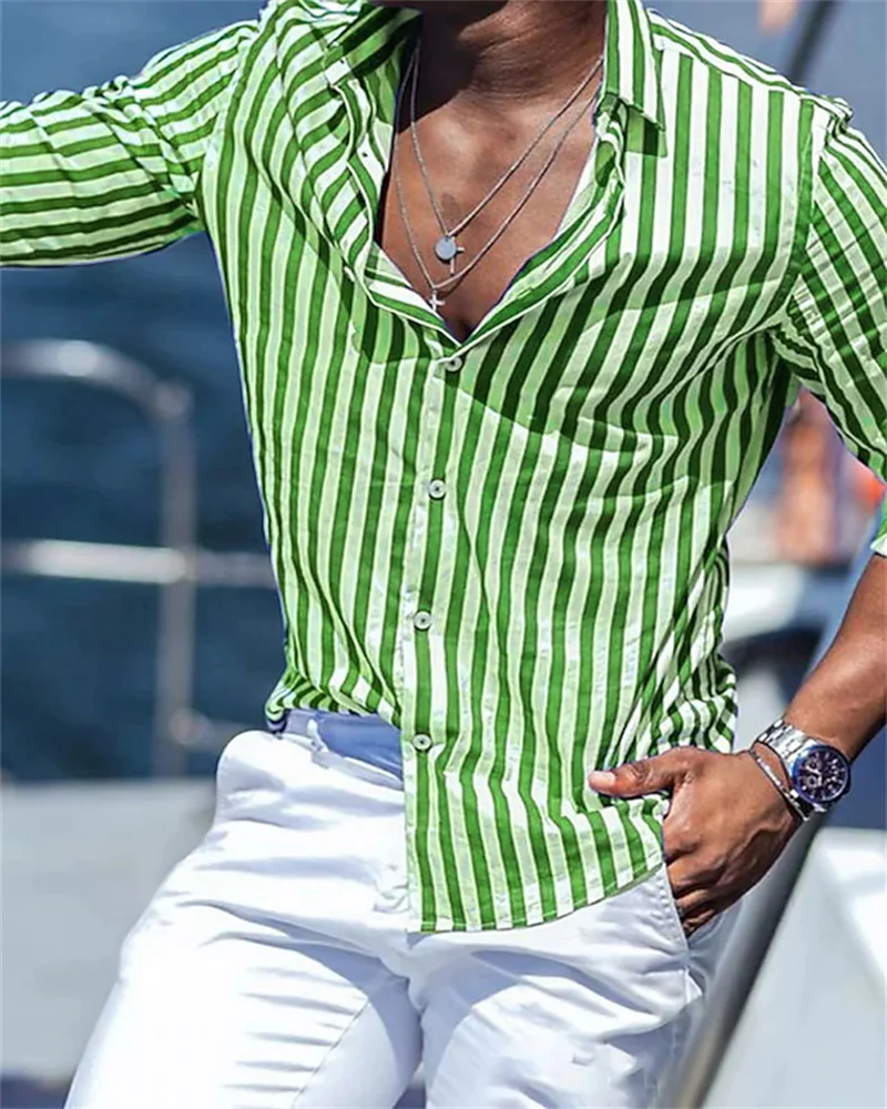 2023 New men's long-sleeved blue striped printed shirt men's social luxury men's clothing Hawaiian elegant classic fashion 6XL