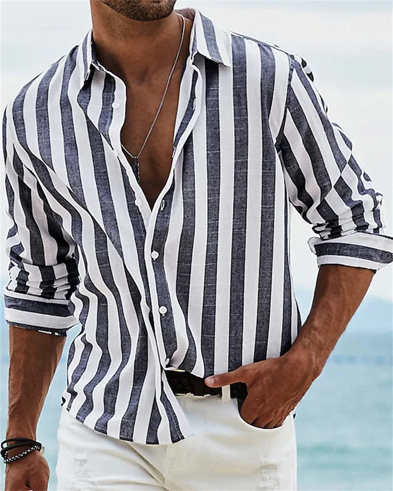 2023 New men's long-sleeved blue striped printed shirt men's social luxury men's clothing Hawaiian elegant classic fashion 6XL 2023 New men's long-sleeved blue striped printed shirt men's social luxury men's clothing Hawaiian elegant classic fashion 6XL